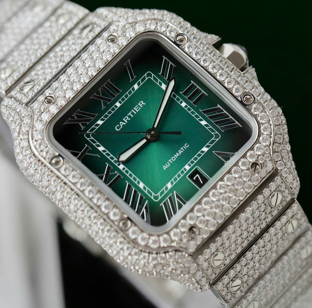 Cartier Santos Green Dial Watch Diamonds Moissanite 39.8mm