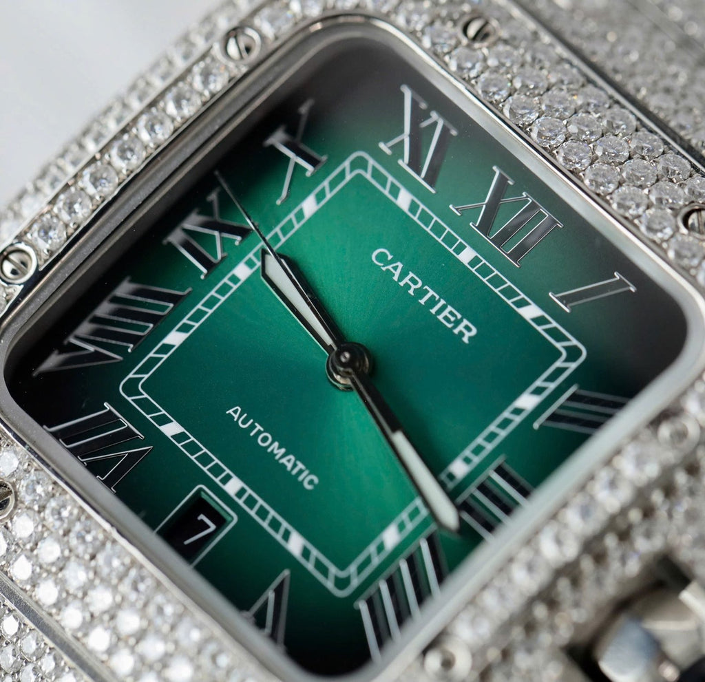 Cartier Santos Green Dial Watch Diamonds Moissanite 39.8mm