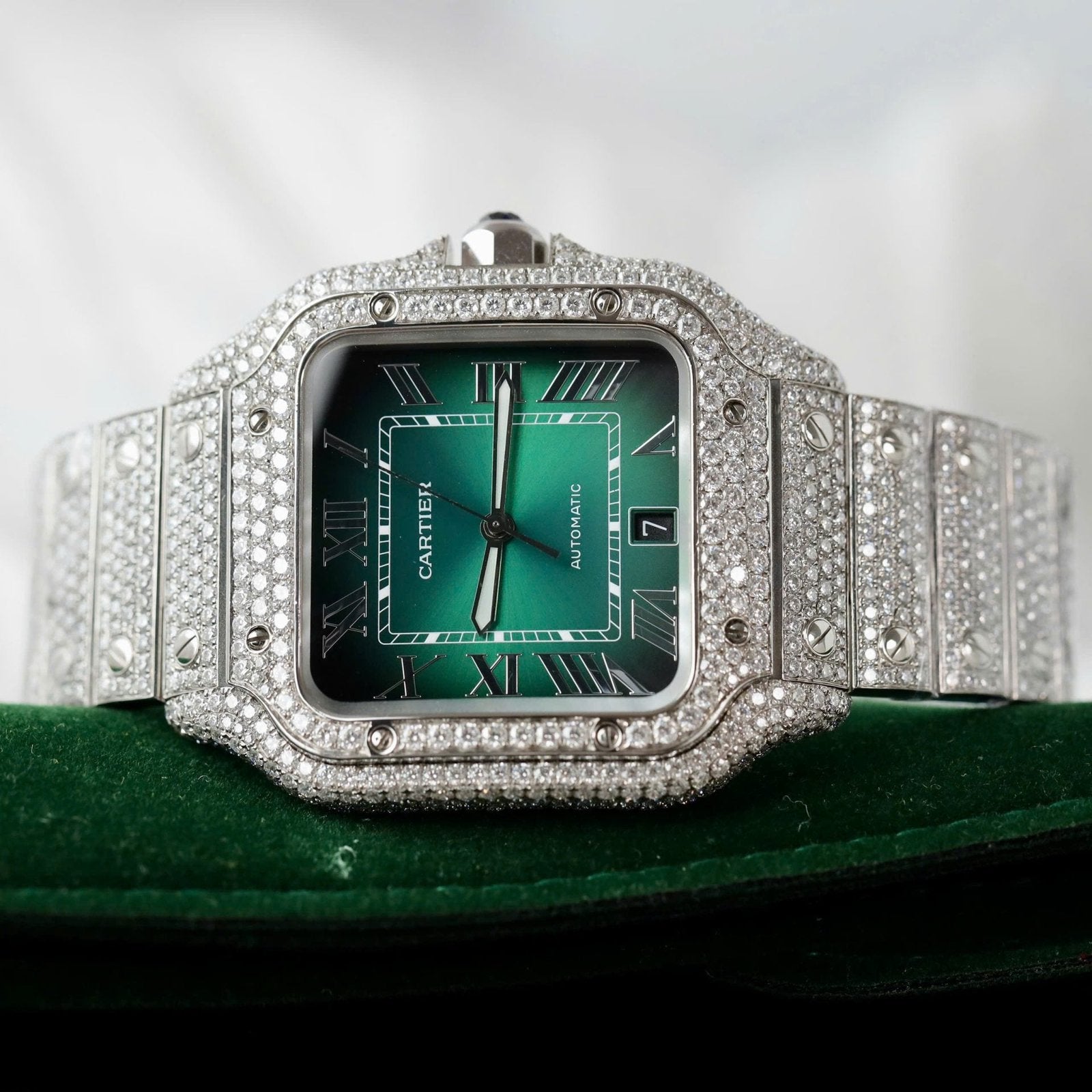 Cartier Santos Green Dial Watch Diamonds Moissanite 39.8mm