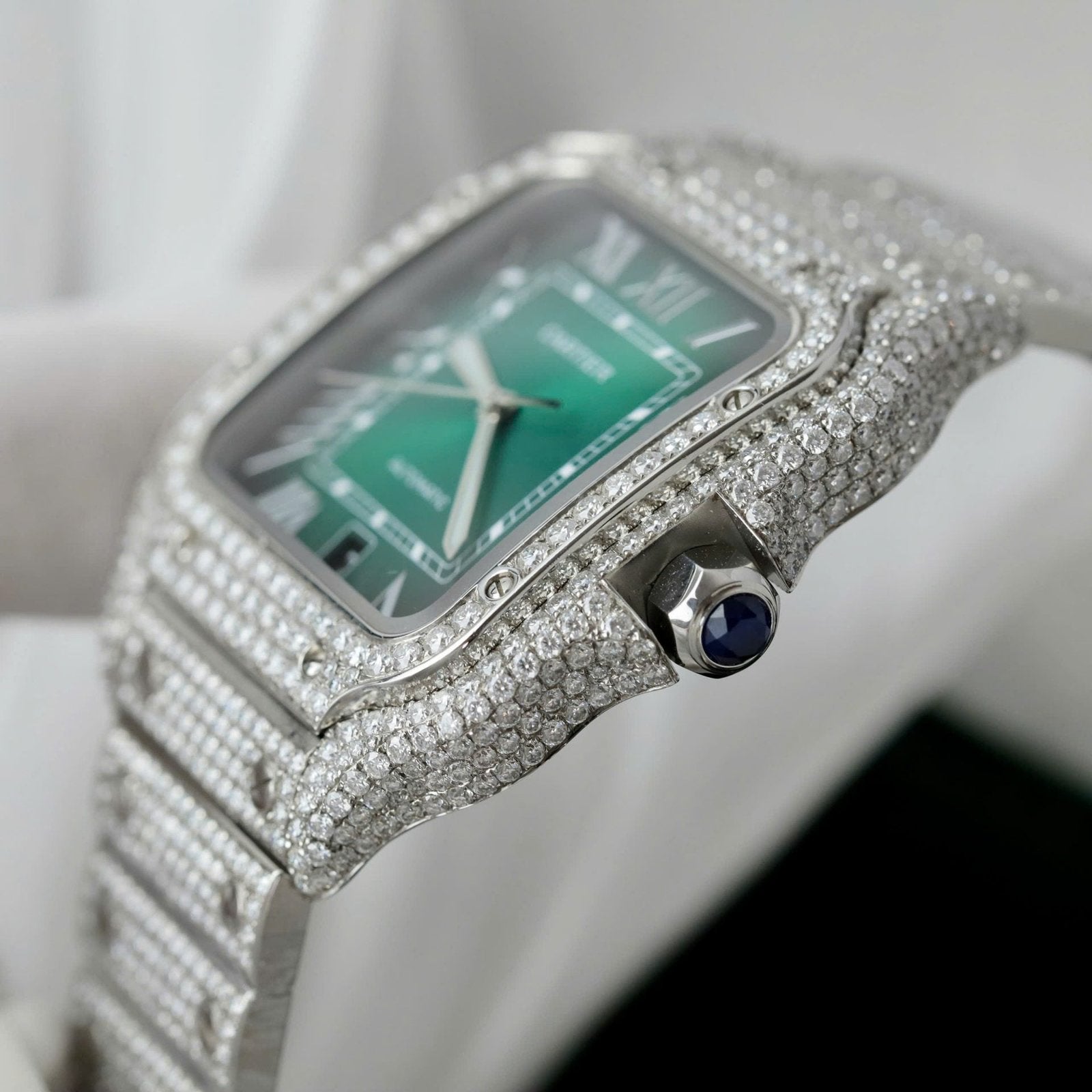 Cartier Santos Green Dial Watch Diamonds Moissanite 39.8mm