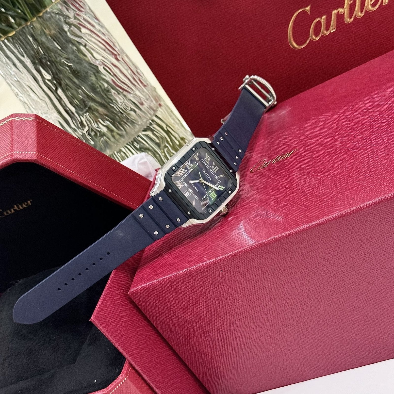 Cartier Santos Watch Rubber Blue Strap 39.8mm