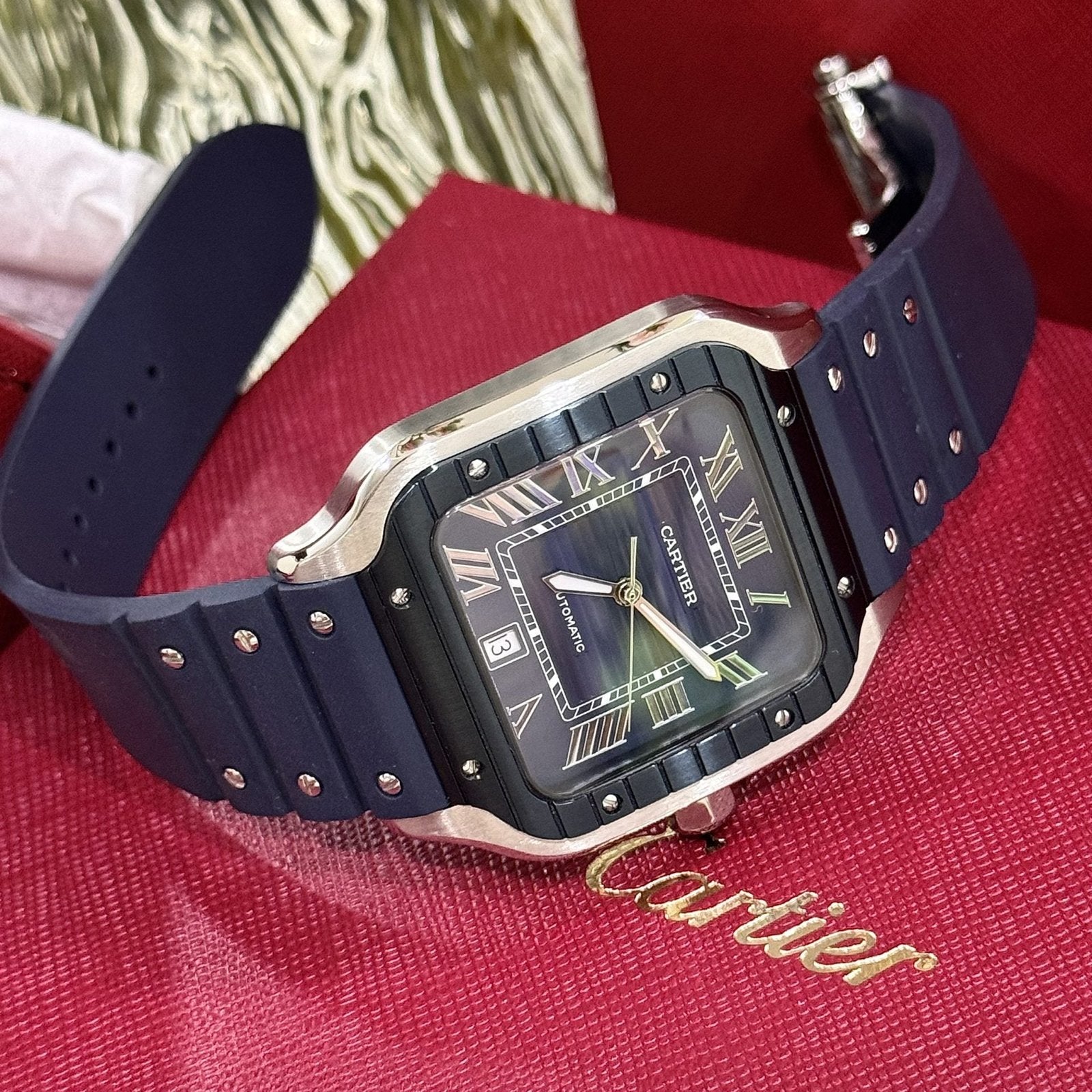 Cartier Santos Watch Rubber Blue Strap 39.8mm