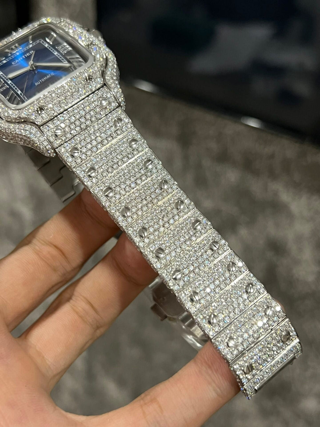 Cartier Santos Watch Moissanite Diamonds Blue Dial 39.8mm