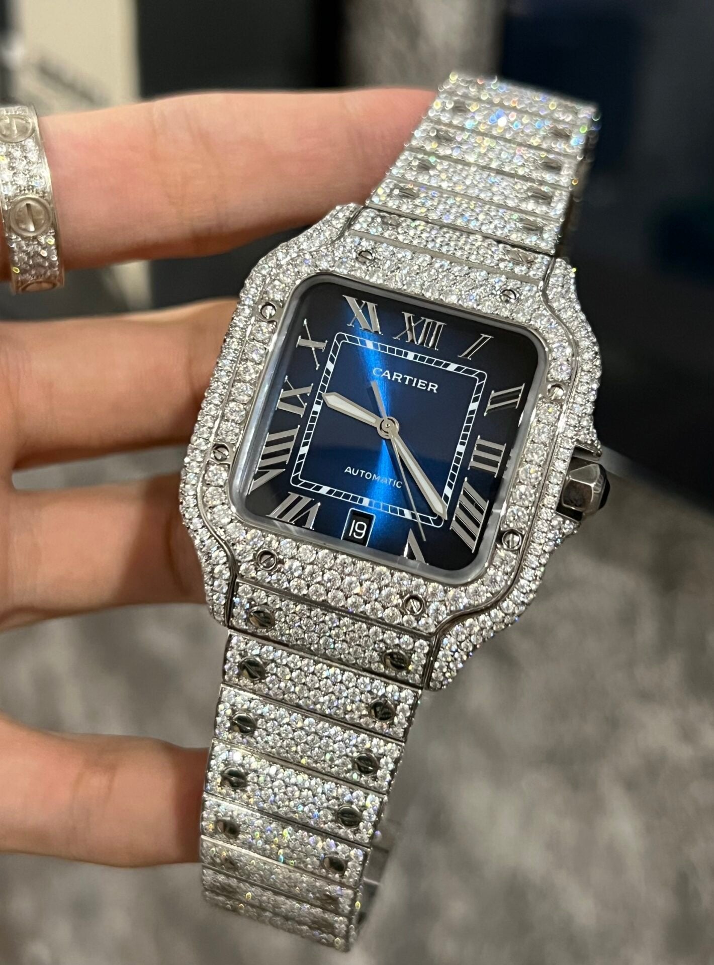 Cartier Santos Watch Moissanite Diamonds Blue Dial 39.8mm