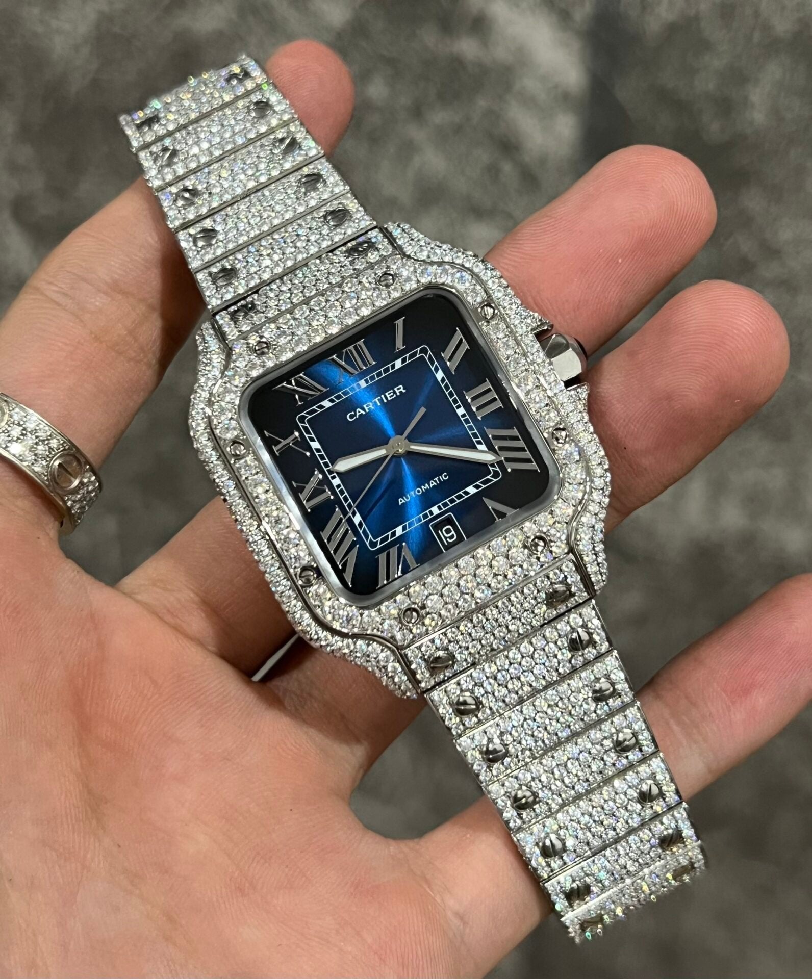Cartier Santos Watch Moissanite Diamonds Blue Dial 39.8mm