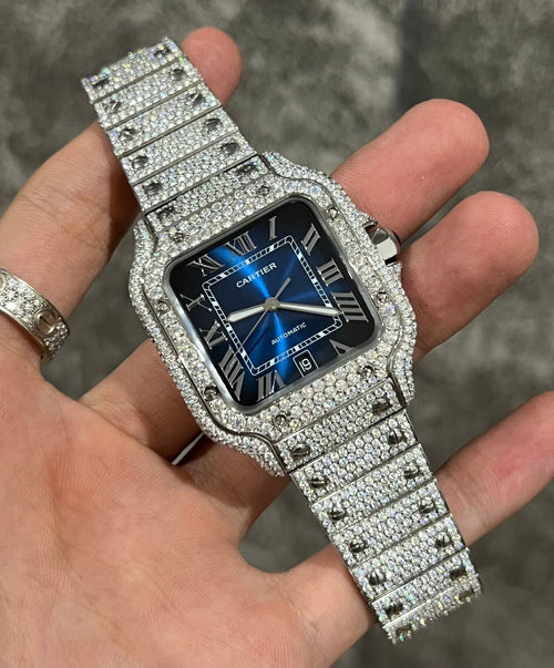 Cartier Santos Watch Moissanite Diamonds Blue Dial 39.8mm