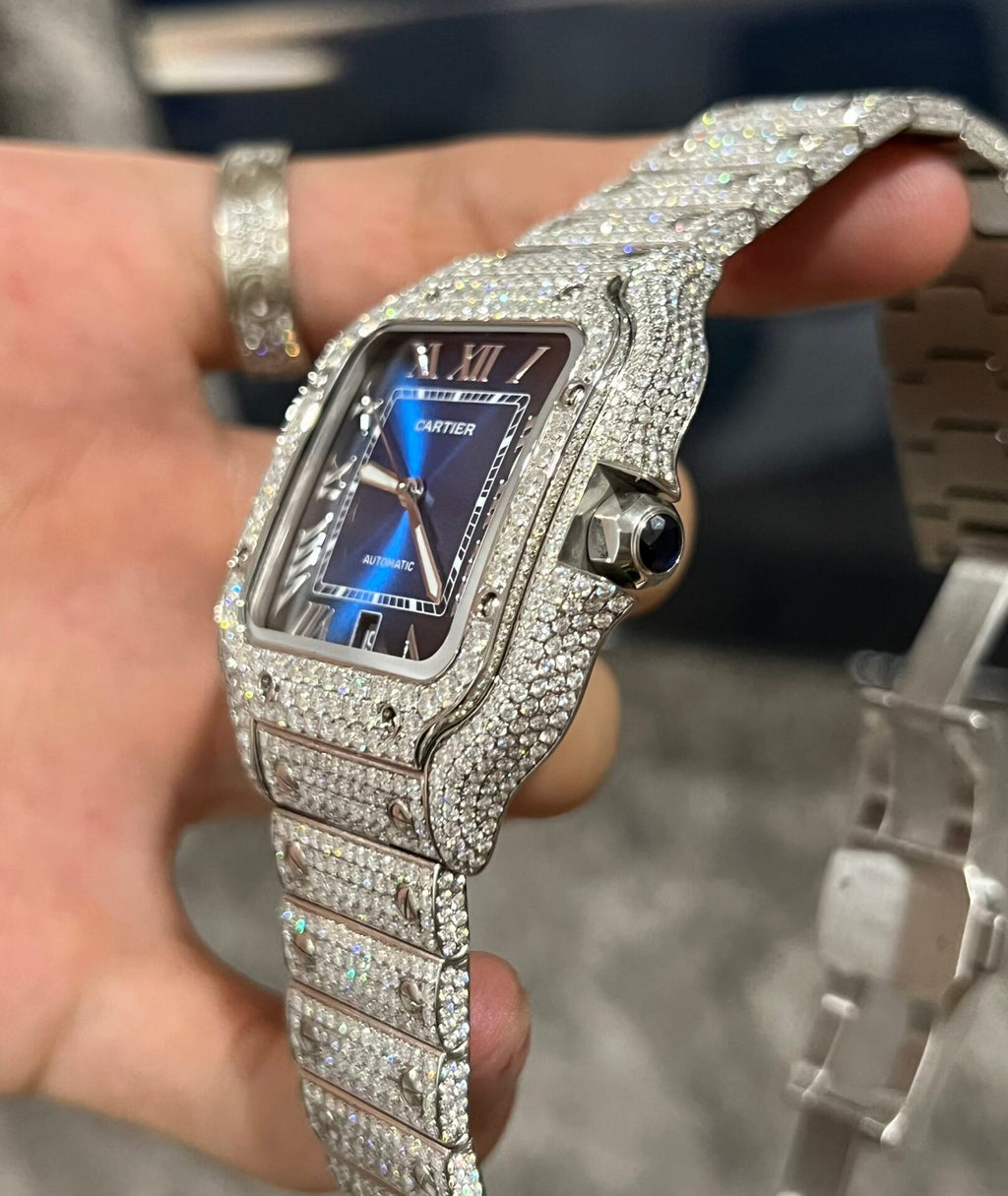 Cartier Santos Watch Moissanite Diamonds Blue Dial 39.8mm