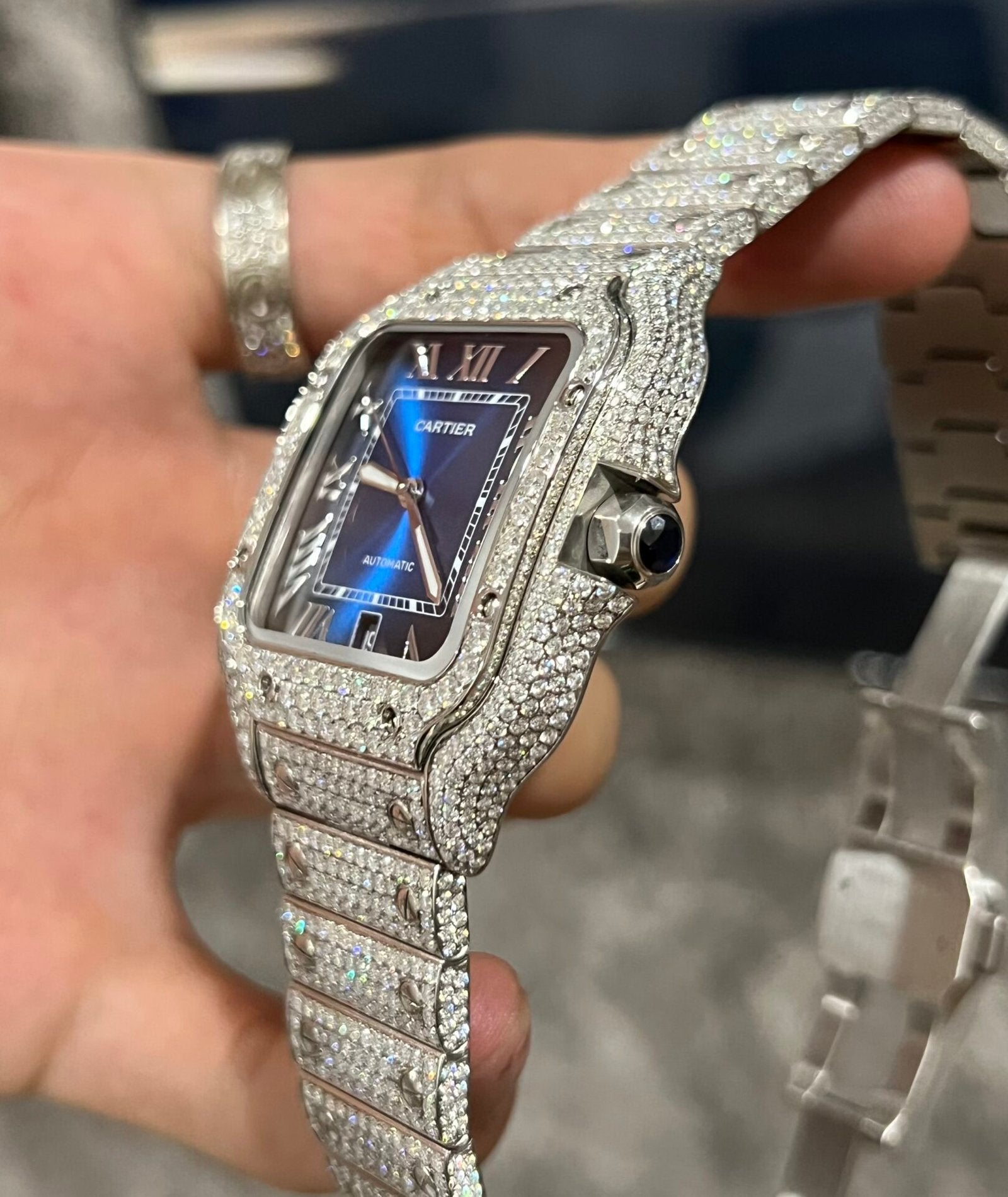 Cartier Santos Watch Moissanite Diamonds Blue Dial 39.8mm