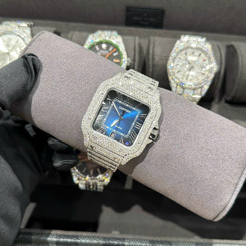 Cartier Santos Watch With Full Natural Diamond VVS Blue Dial 39.8mm