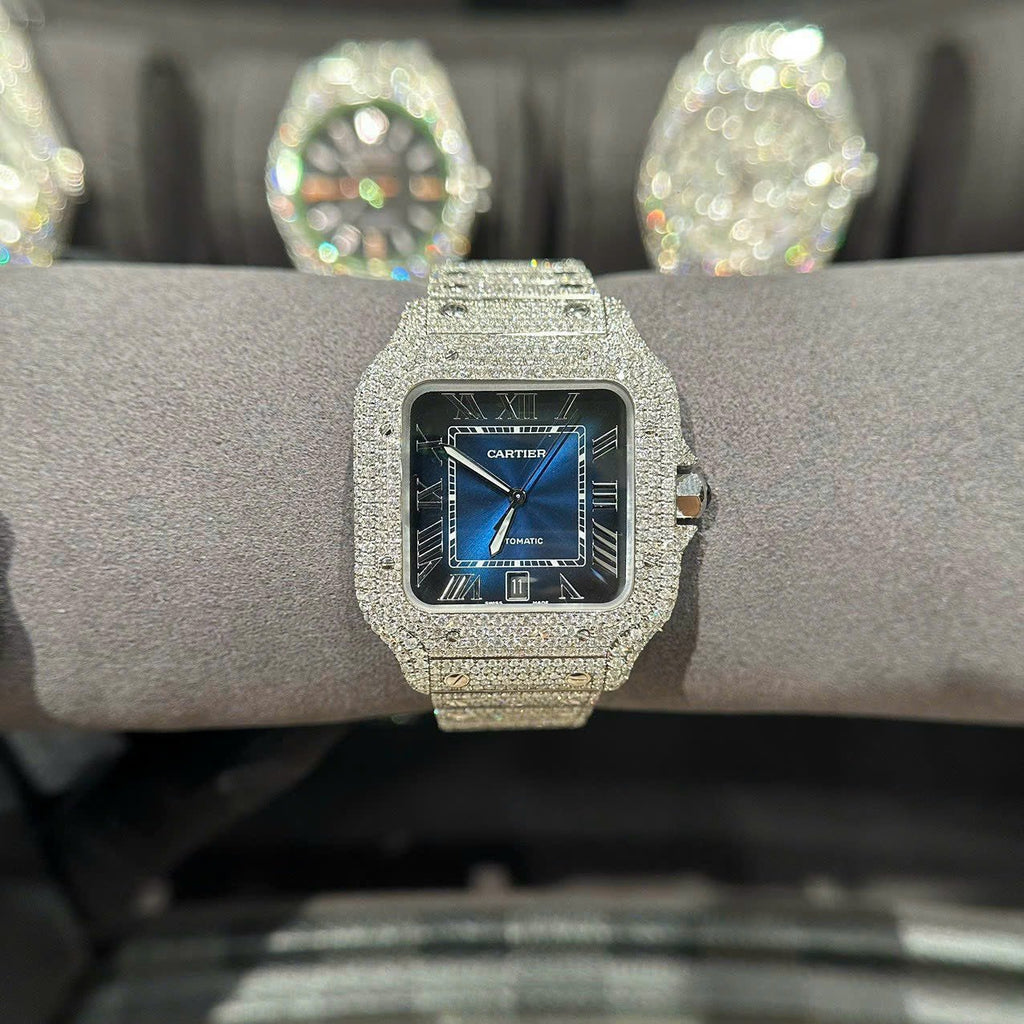 Cartier Santos Watch With Full Natural Diamond VVS Blue Dial 39.8mm