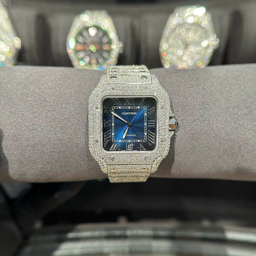 Cartier Santos Watch With Full Natural Diamond VVS Blue Dial 39.8mm