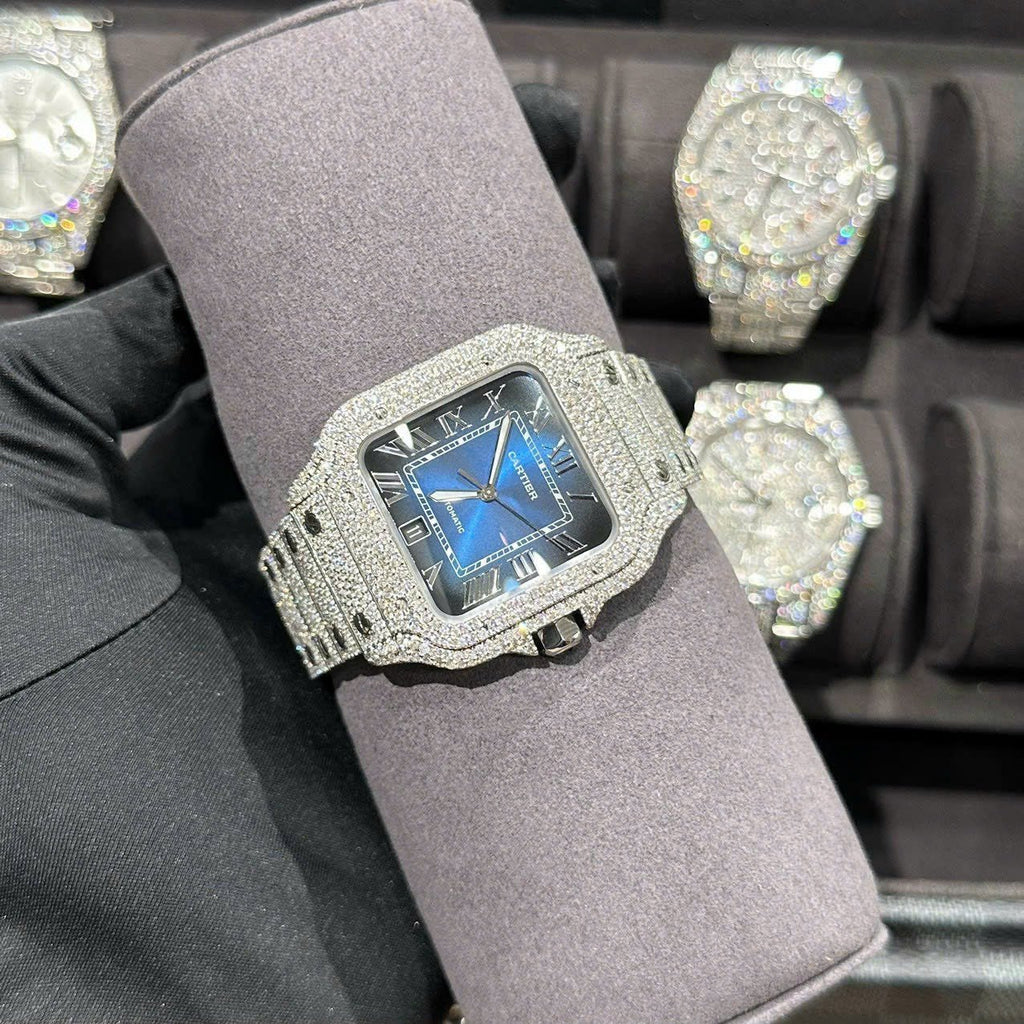 Cartier Santos Watch With Full Natural Diamond VVS Blue Dial 39.8mm