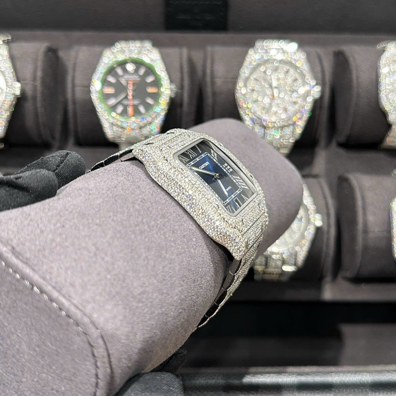Cartier Santos Watch With Full Natural Diamond VVS Blue Dial 39.8mm
