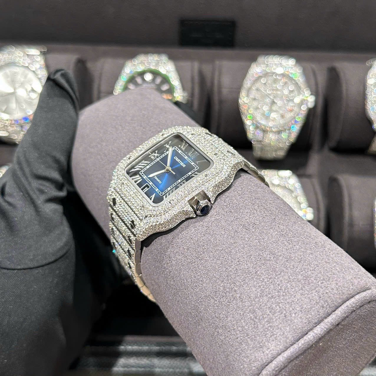 Cartier Santos Watch With Full Natural Diamond VVS Blue Dial 39.8mm
