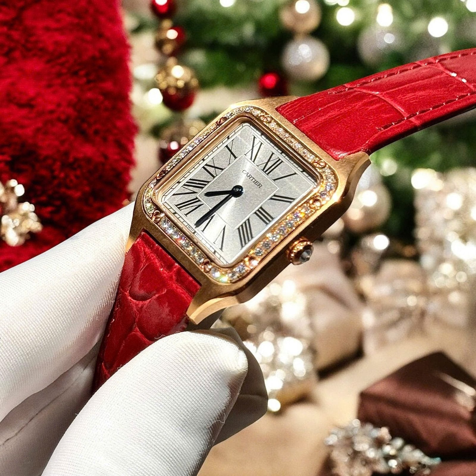 Cartier Santos Dumont WJSA0017 Red Watch 18K Gold Wrapped + Diamonds Moissanite 33x38mm
