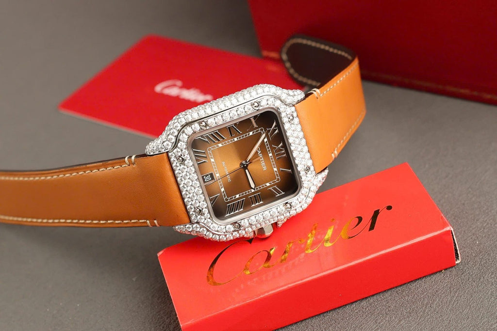 Cartier Santos Dial Brown Watch Diamonds Moissanite 39.8mm