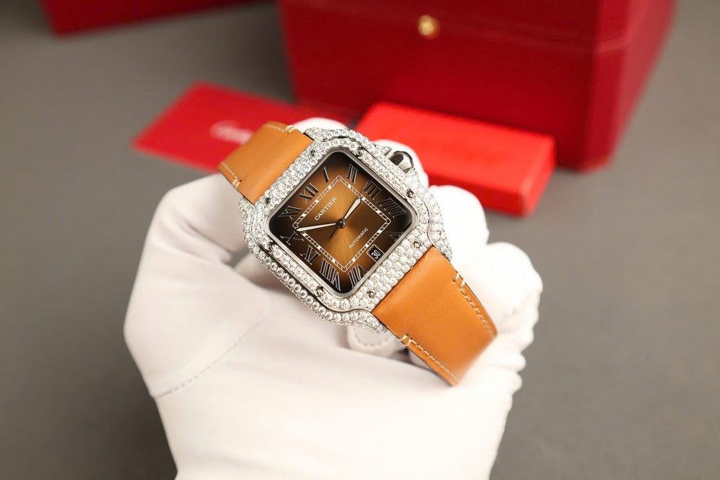 Cartier Santos Dial Brown Watch Diamonds Moissanite 39.8mm