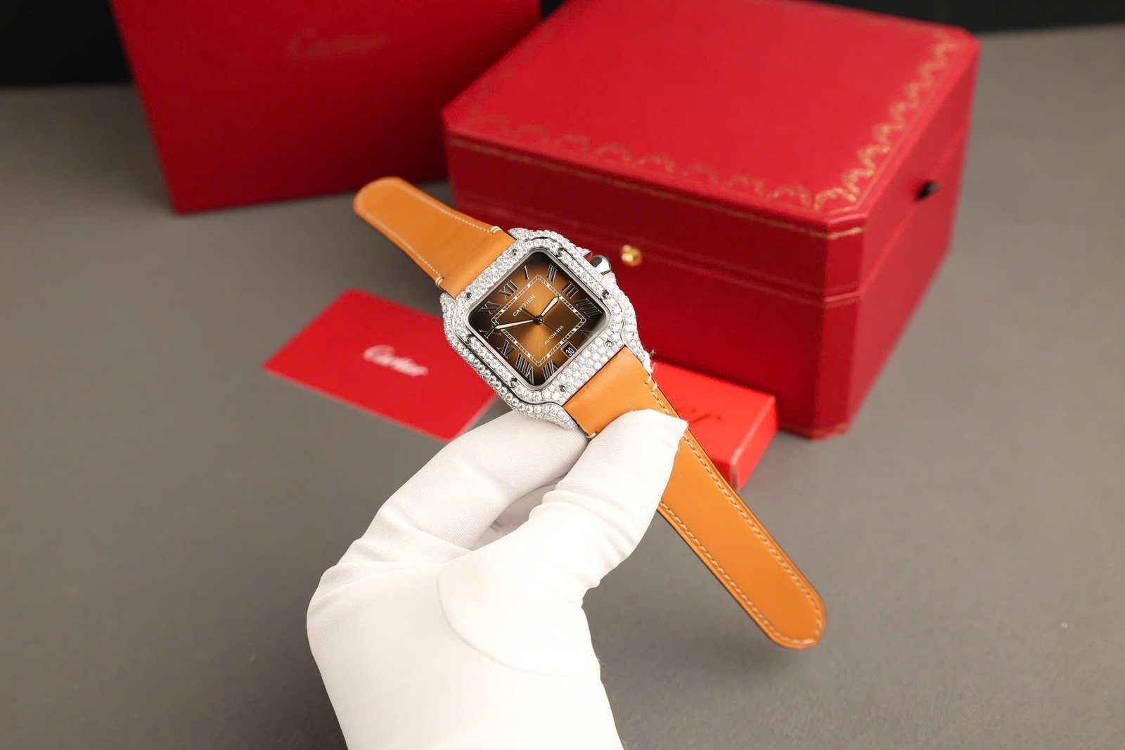 Cartier Santos Dial Brown Watch Diamonds Moissanite 39.8mm