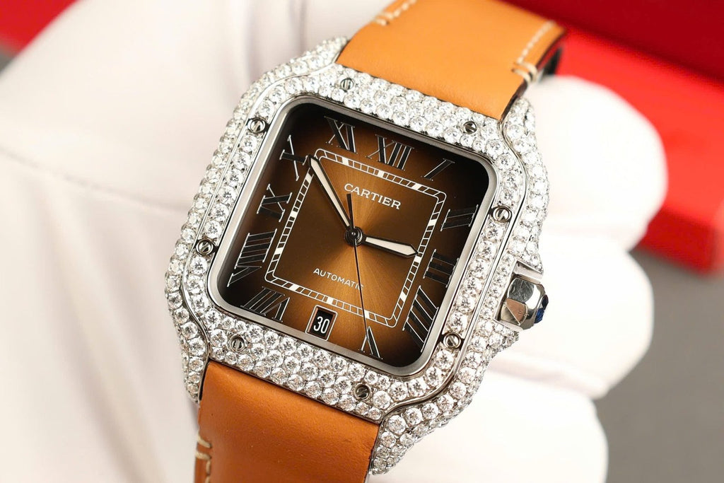Cartier Santos Dial Brown Watch Diamonds Moissanite 39.8mm