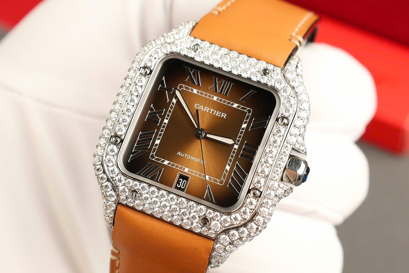 Cartier Santos Dial Brown Watch Diamonds Moissanite 39.8mm