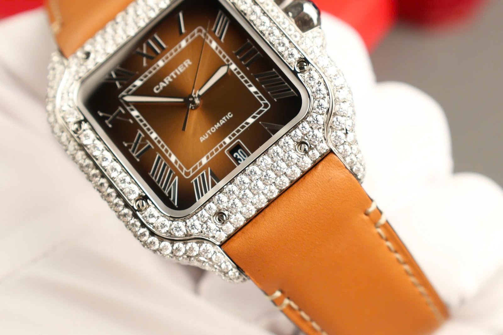 Cartier Santos Dial Brown Watch Diamonds Moissanite 39.8mm
