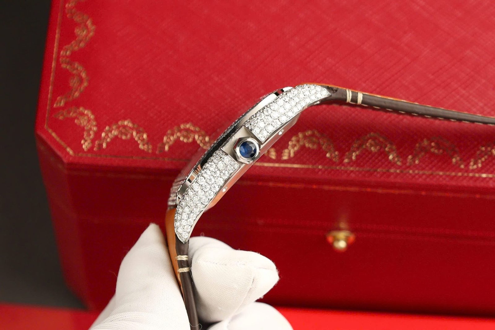 Cartier Santos White Dial Watch Diamonds Moissanite 39.8mm