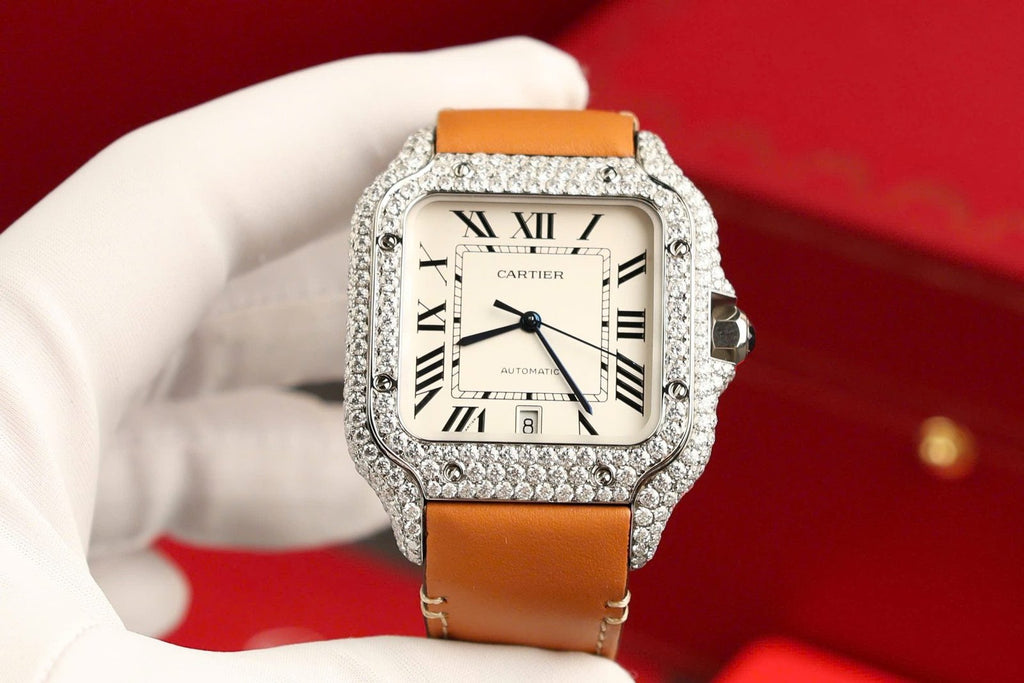 Cartier Santos White Dial Watch Diamonds Moissanite 39.8mm