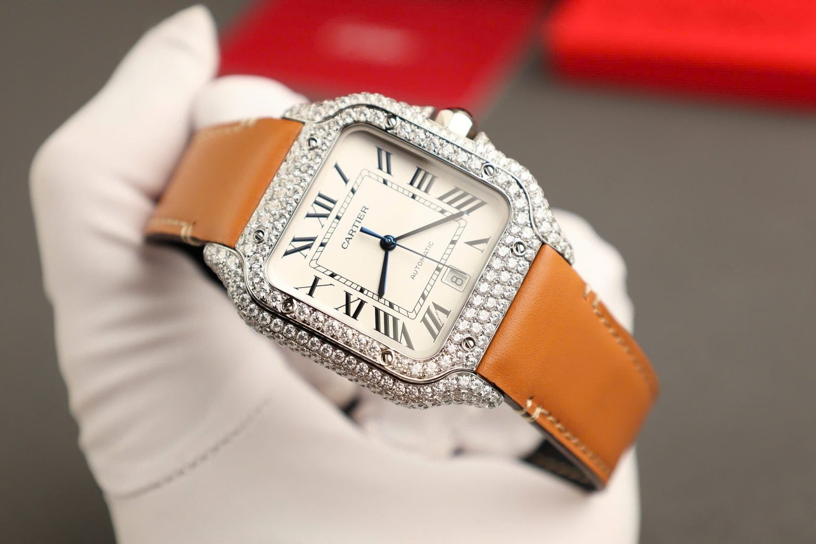 Cartier Santos White Dial Watch Diamonds Moissanite 39.8mm