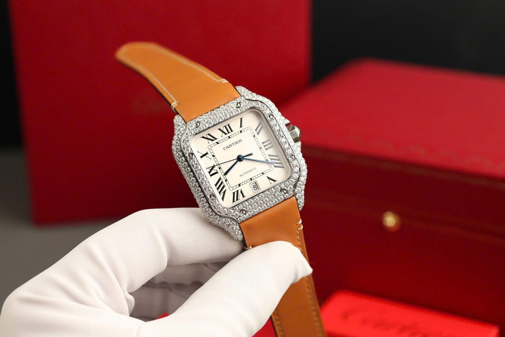 Cartier Santos White Dial Watch Diamonds Moissanite 39.8mm