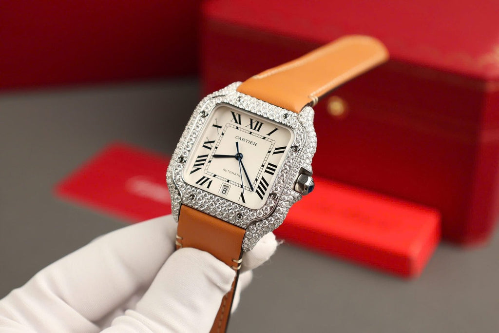 Cartier Santos White Dial Watch Diamonds Moissanite 39.8mm
