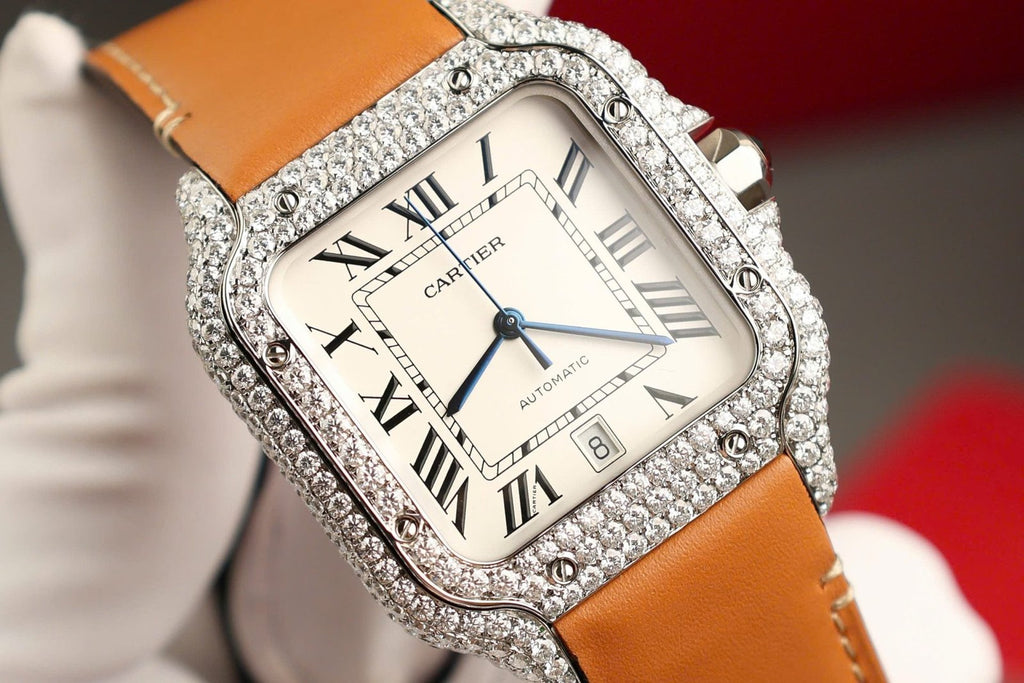 Cartier Santos White Dial Watch Diamonds Moissanite 39.8mm