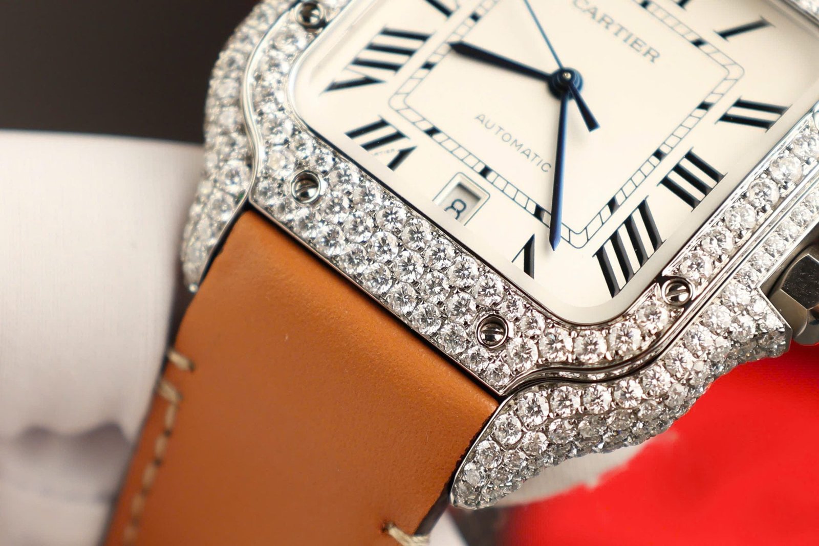 Cartier Santos White Dial Watch Diamonds Moissanite 39.8mm