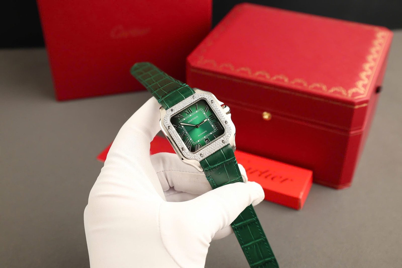 Cartier Santos Green Watch Diamonds Moissanite 39.8mm