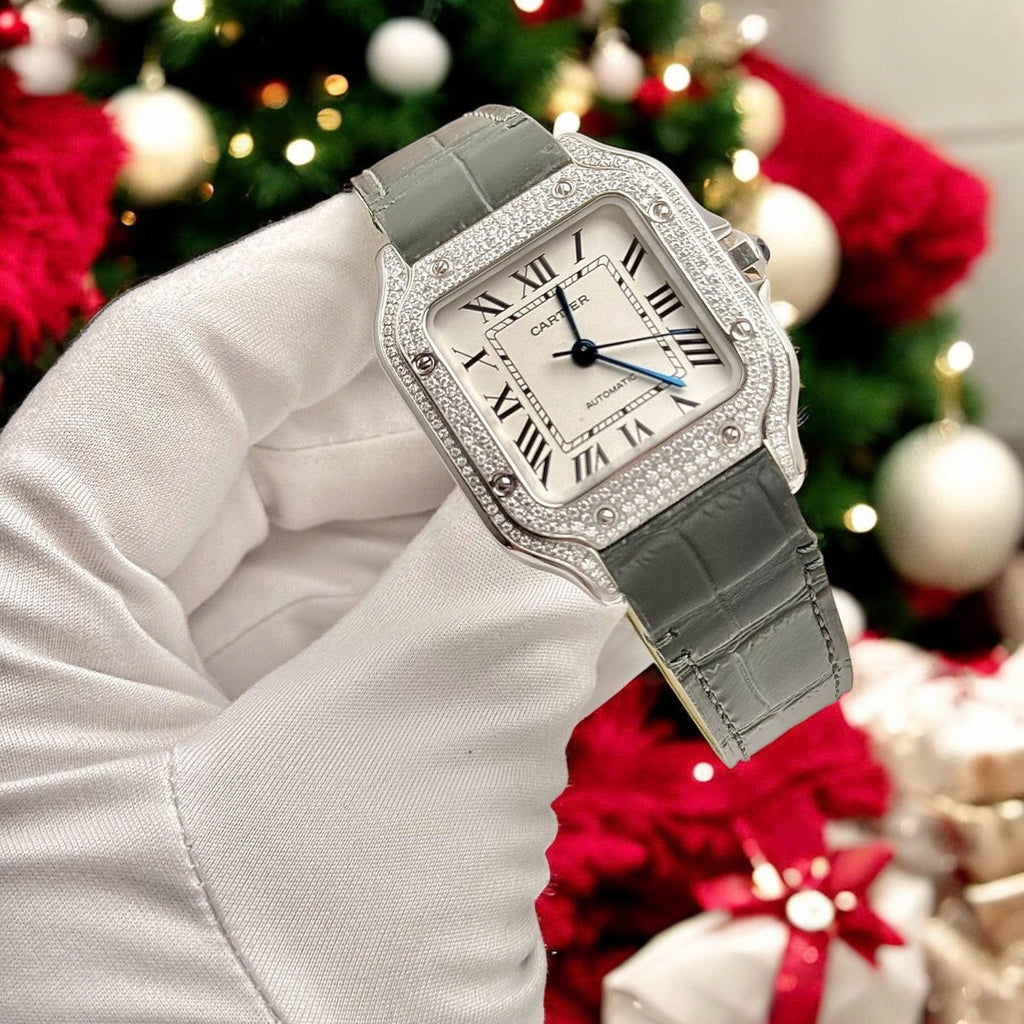 Cartier Santos Women White Dial Watch Diamonds Moissanite 35mm