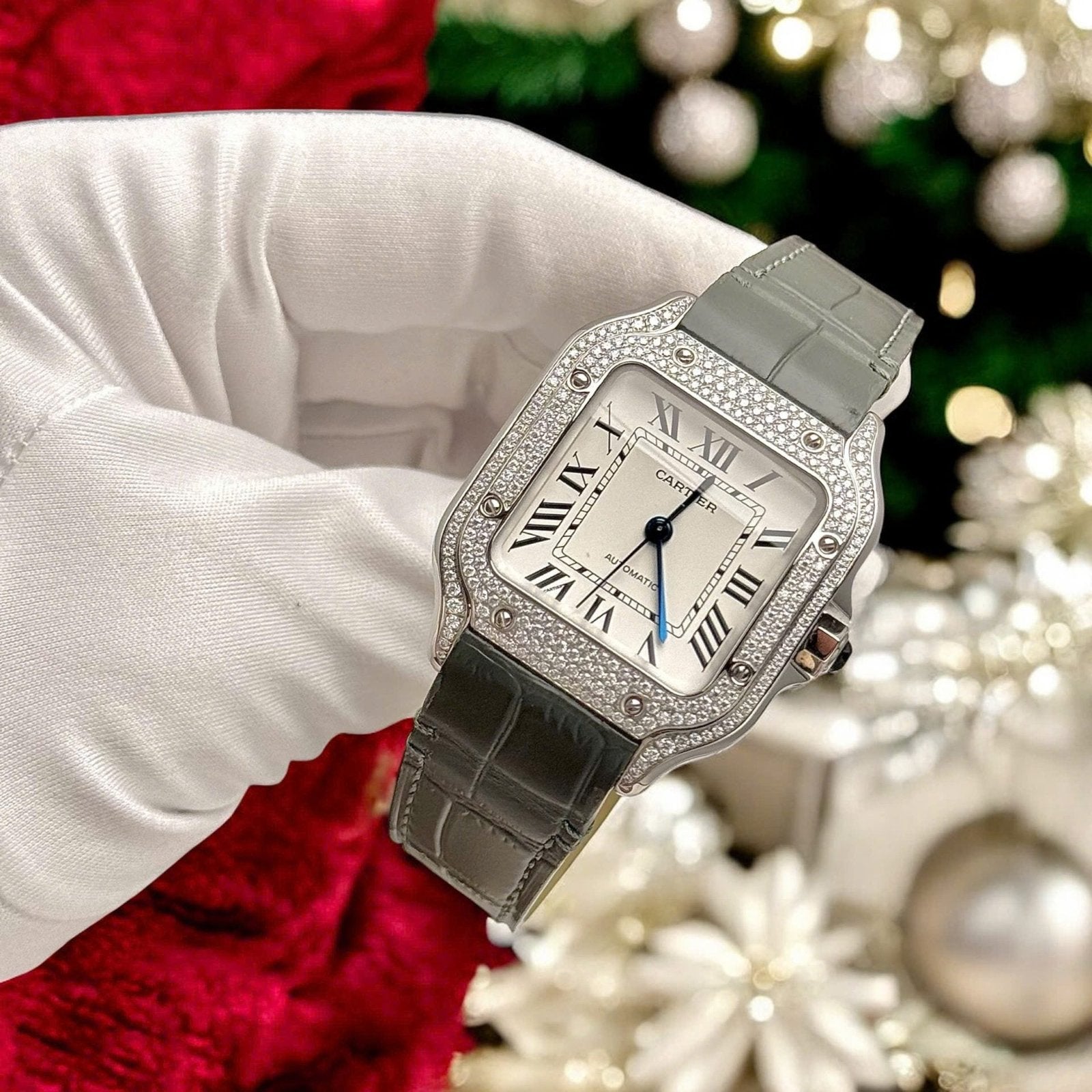 Cartier Santos Women White Dial Watch Diamonds Moissanite 35mm