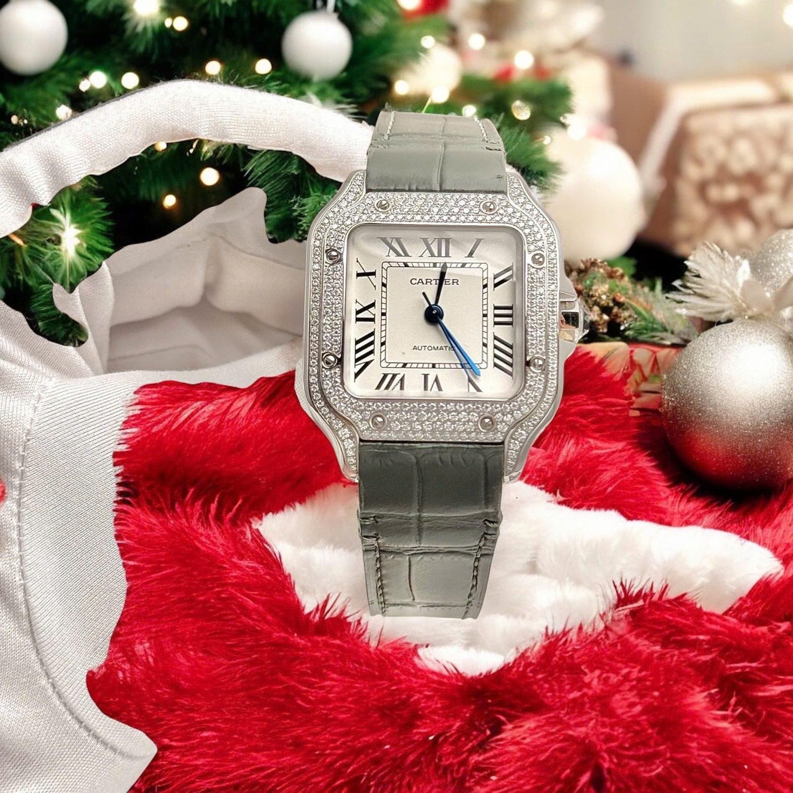 Cartier Santos Women White Dial Watch Diamonds Moissanite 35mm