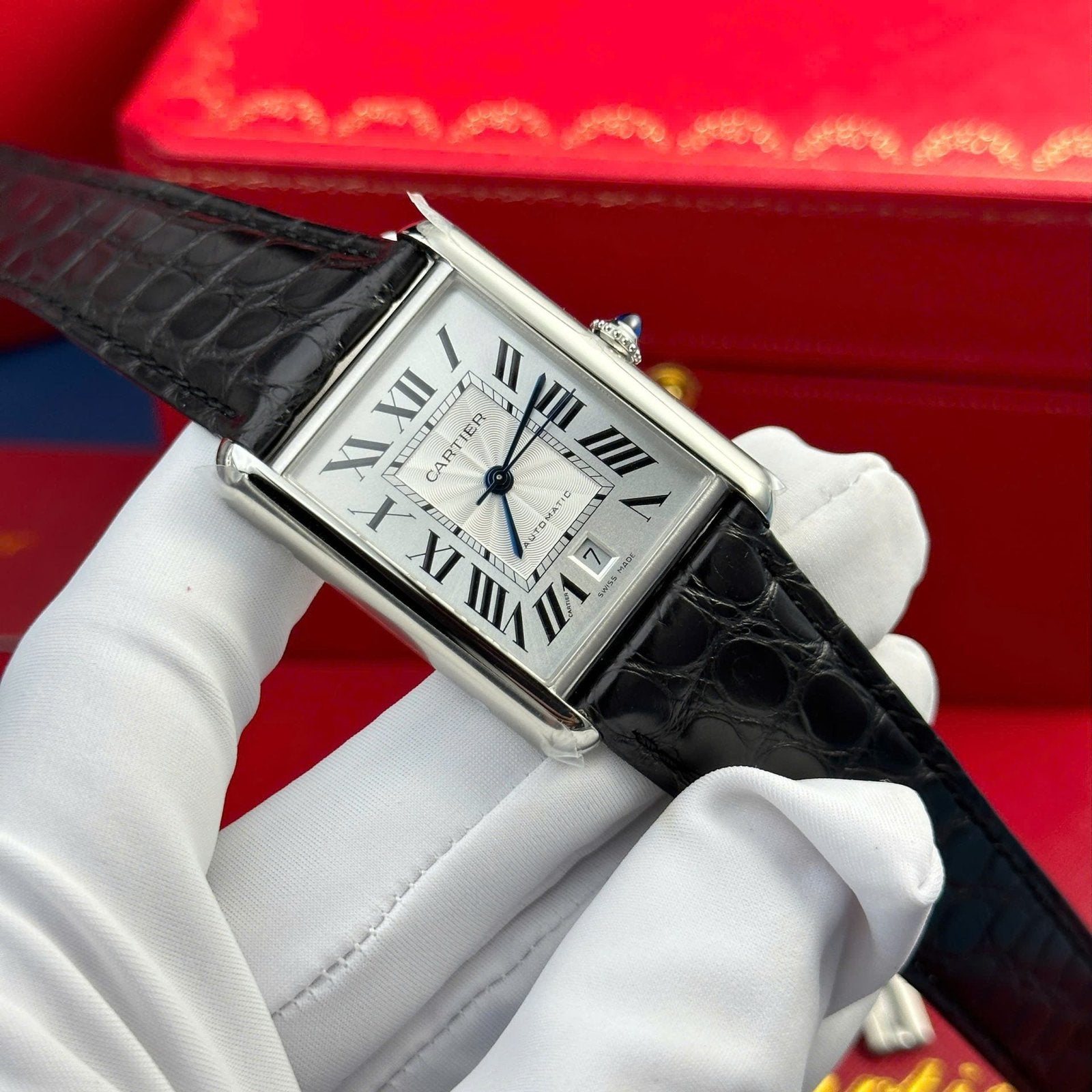 Cartier Tank Must Extra-Large Model Watch White Dial Leather Strap 31x41mm