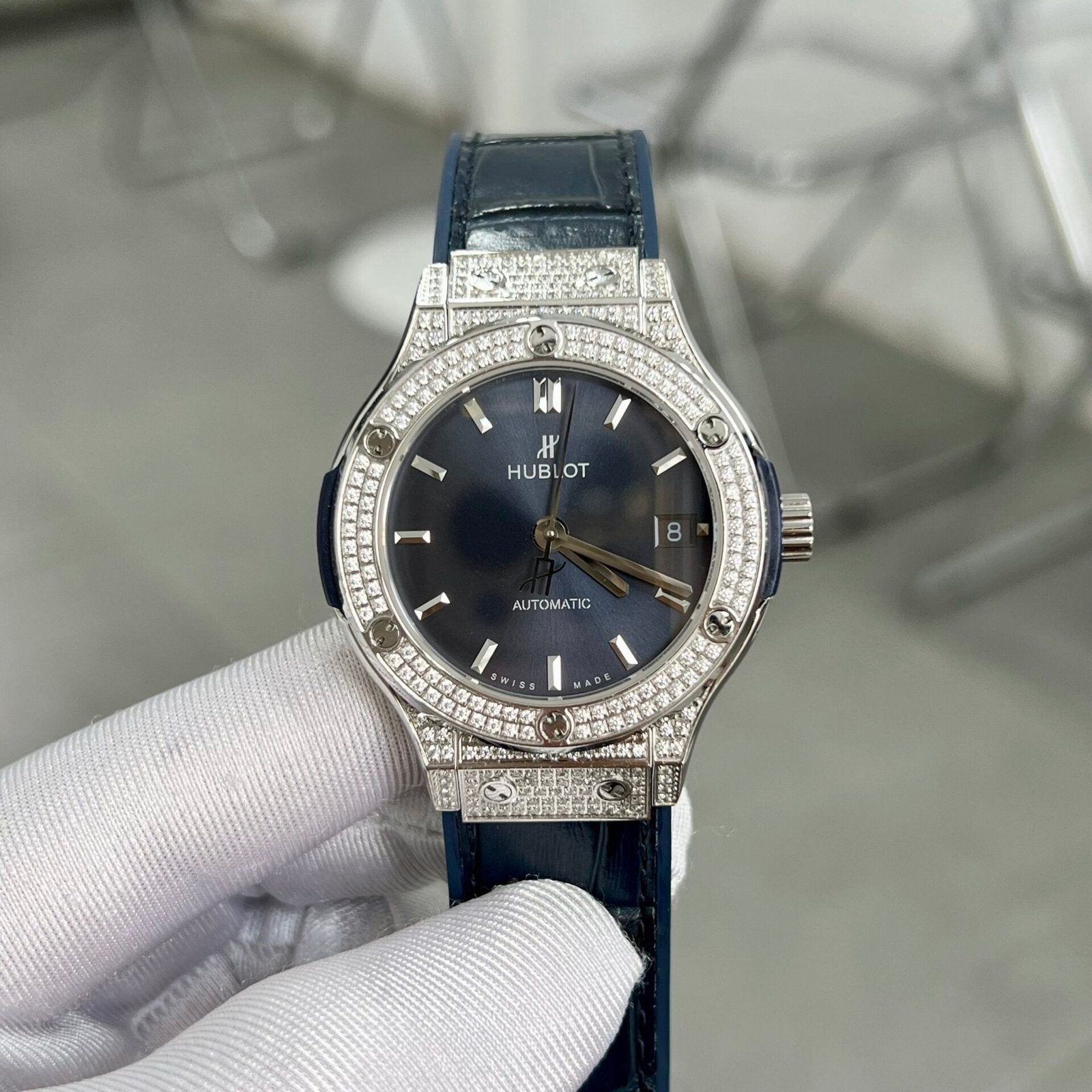 Hublot  Watch With Full Diamond Case Blue 38mm