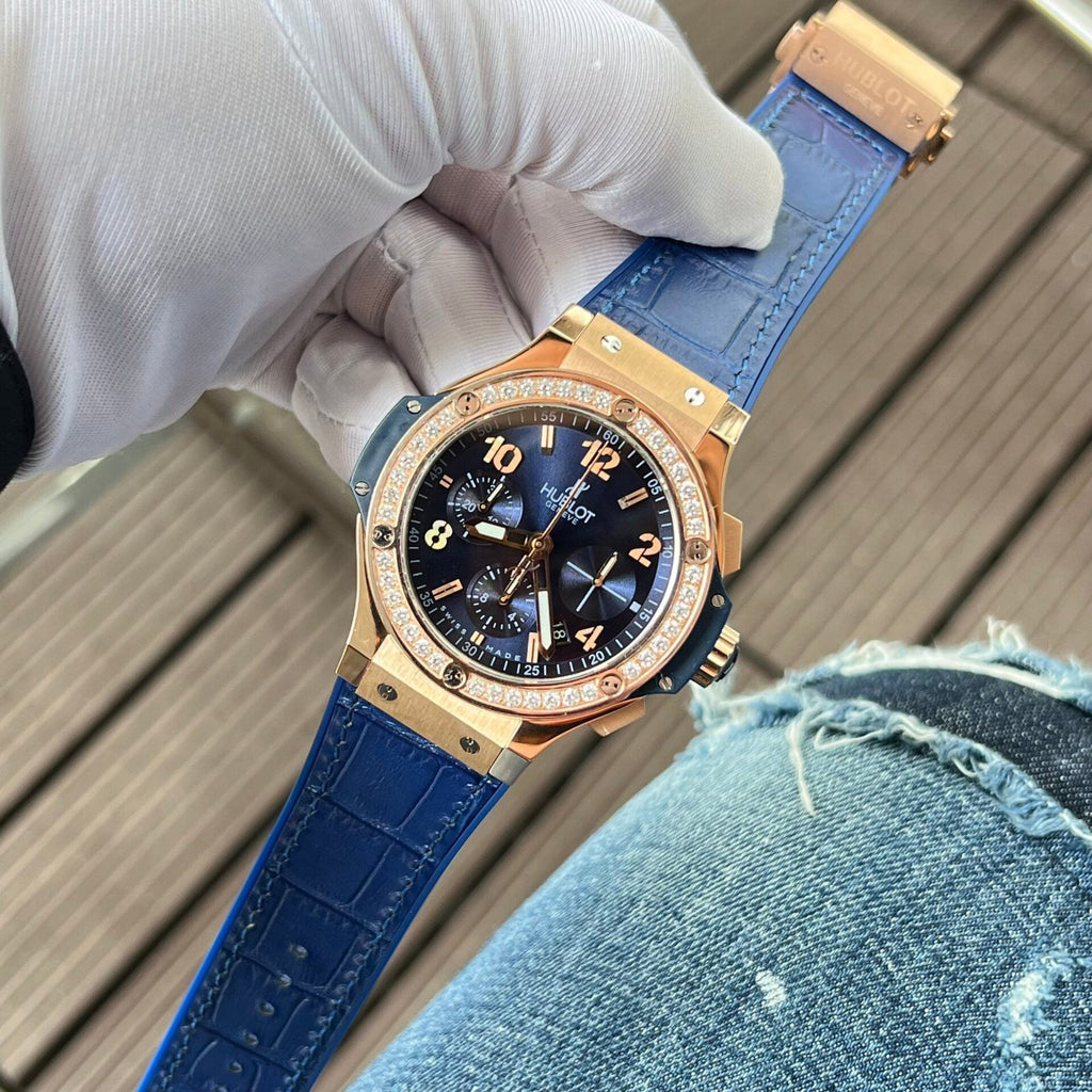 Hublot Big Bang Chronograph Watch King Gold Blue With Diamond Bezel 44mm