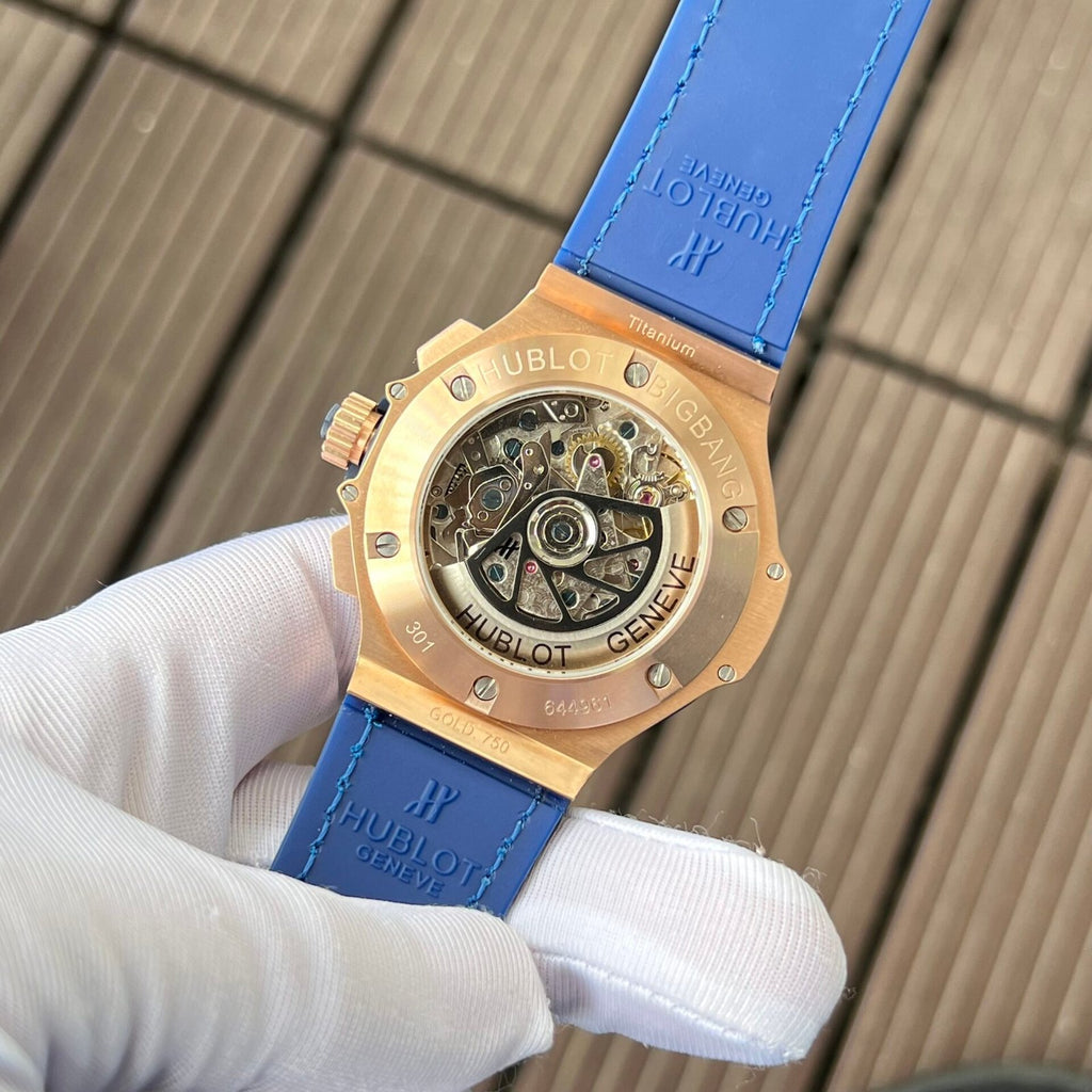 Hublot Big Bang Chronograph Watch King Gold Blue With Diamond Bezel 44mm