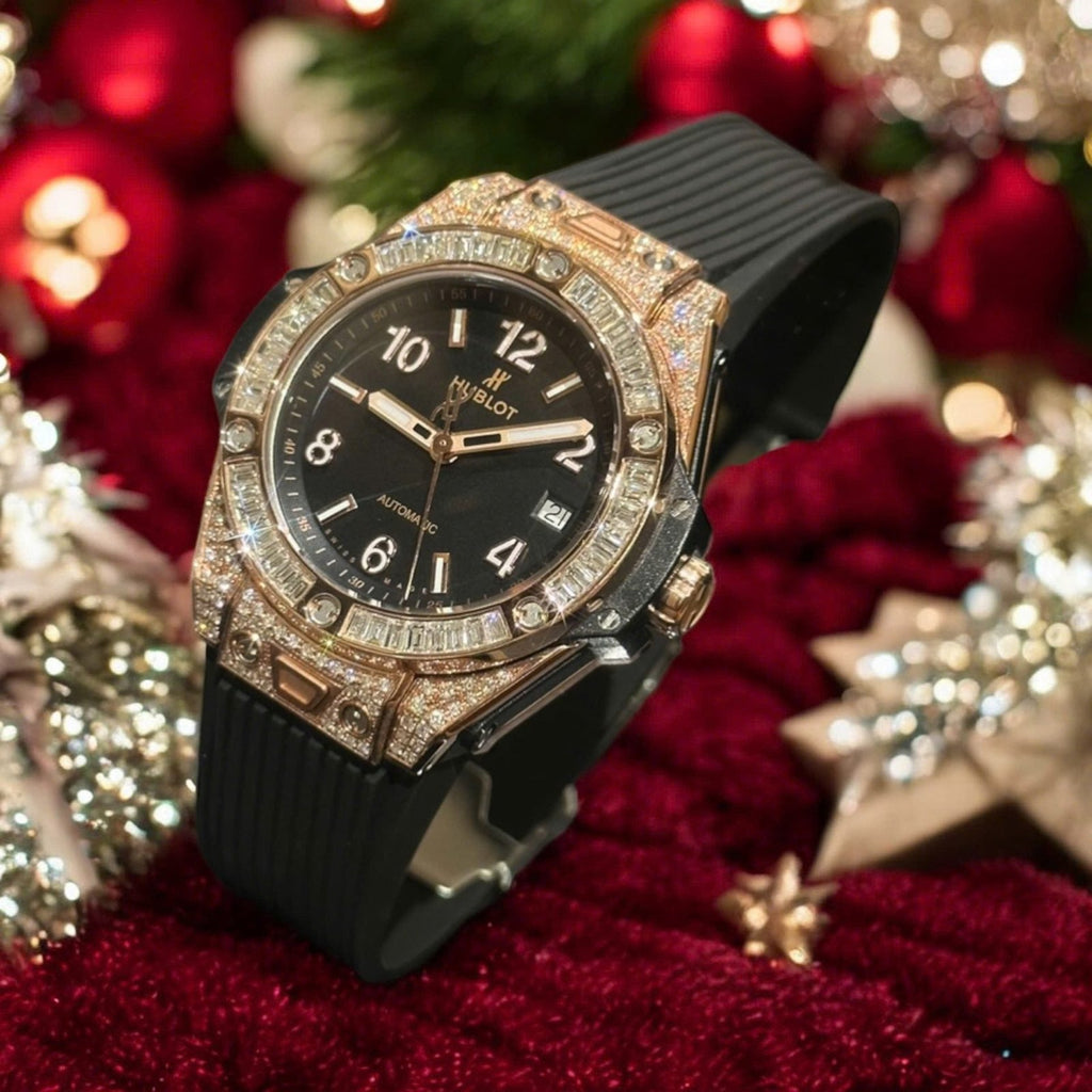 Hublot Big Bang One Click Black Dial Watch Gold Wrapped + Moissanite Diamonds Baguette 39mm