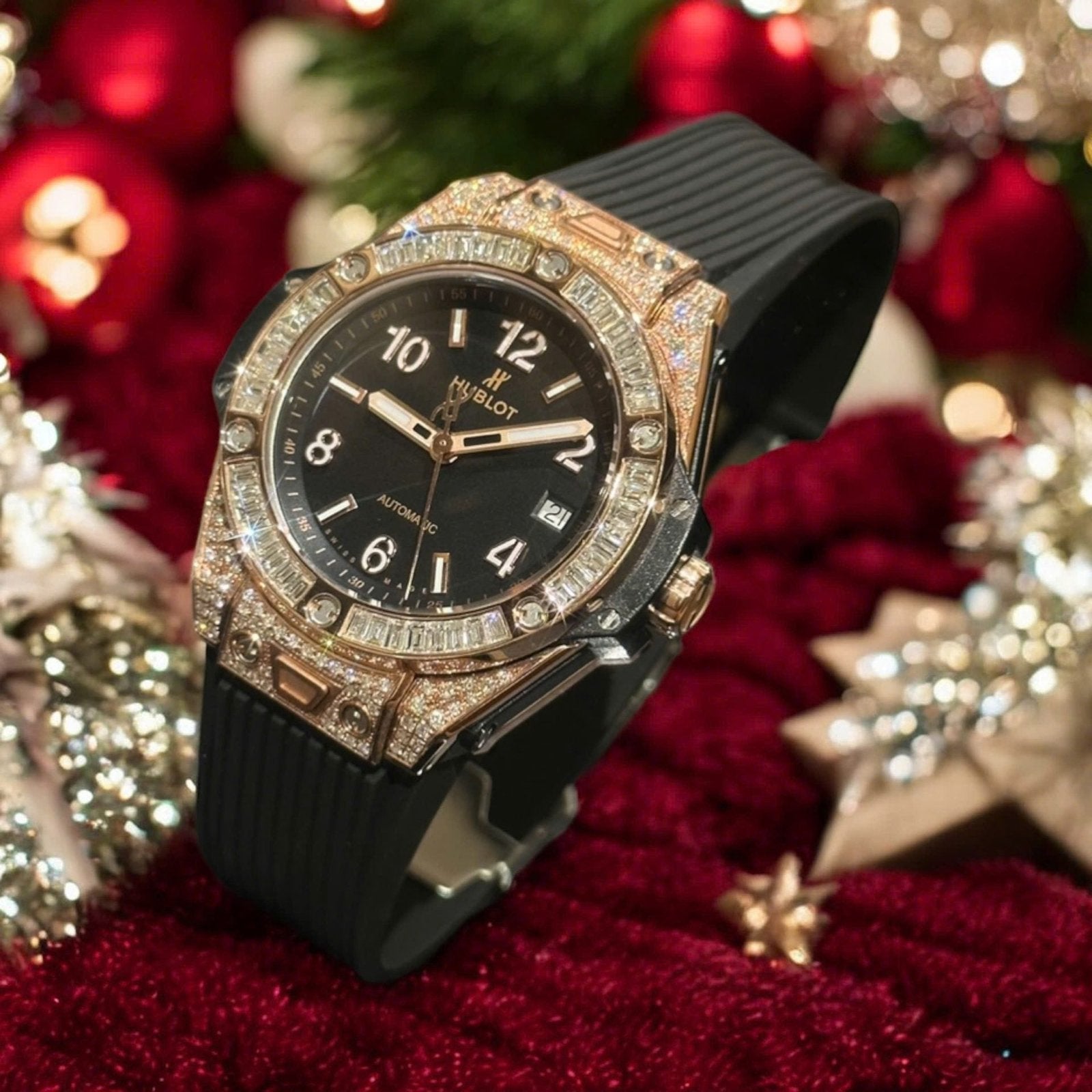 Hublot Big Bang One Click Black Dial Watch Gold Wrapped + Moissanite Diamonds Baguette 39mm