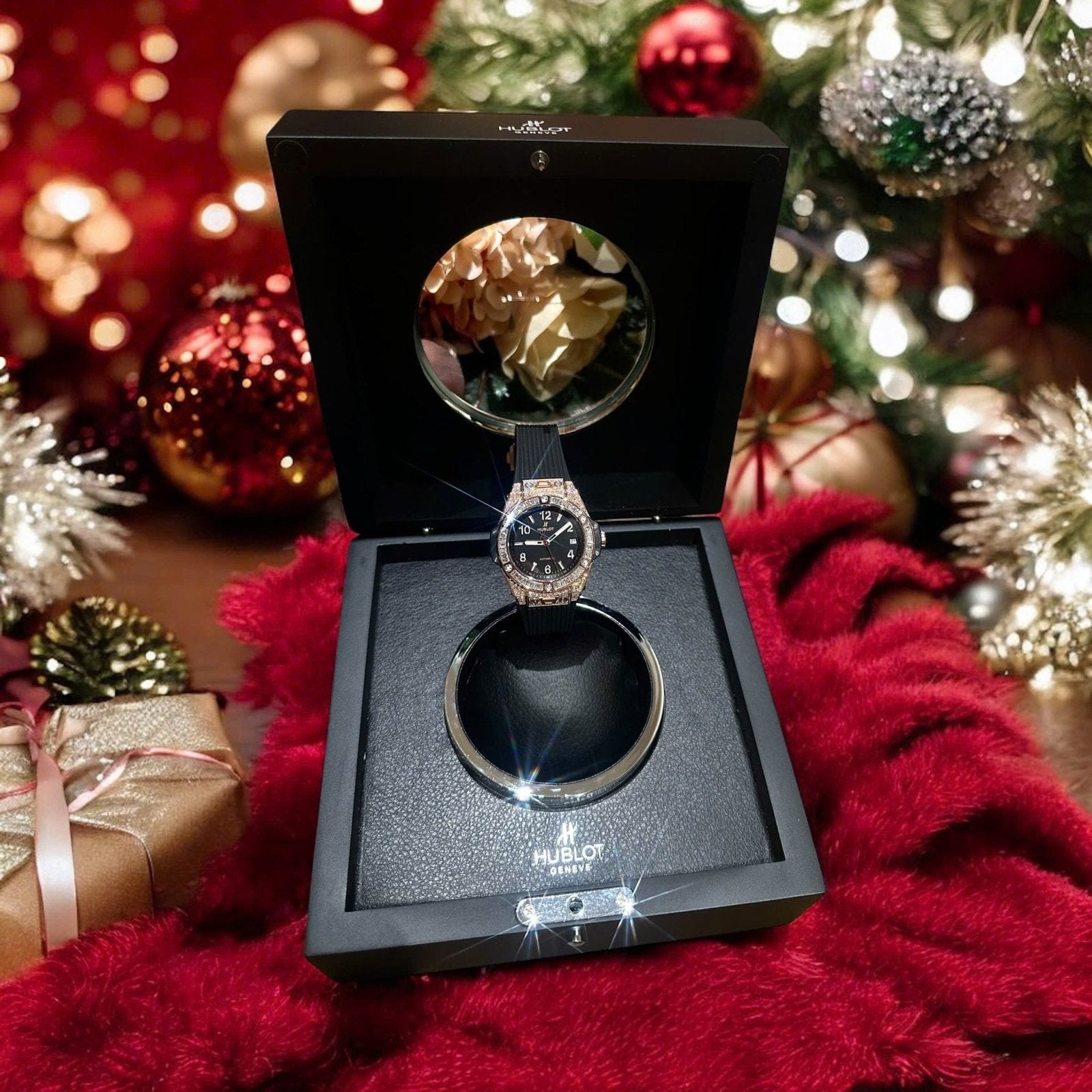 Hublot Big Bang One Click Black Dial Watch Gold Wrapped + Moissanite Diamonds Baguette 39mm