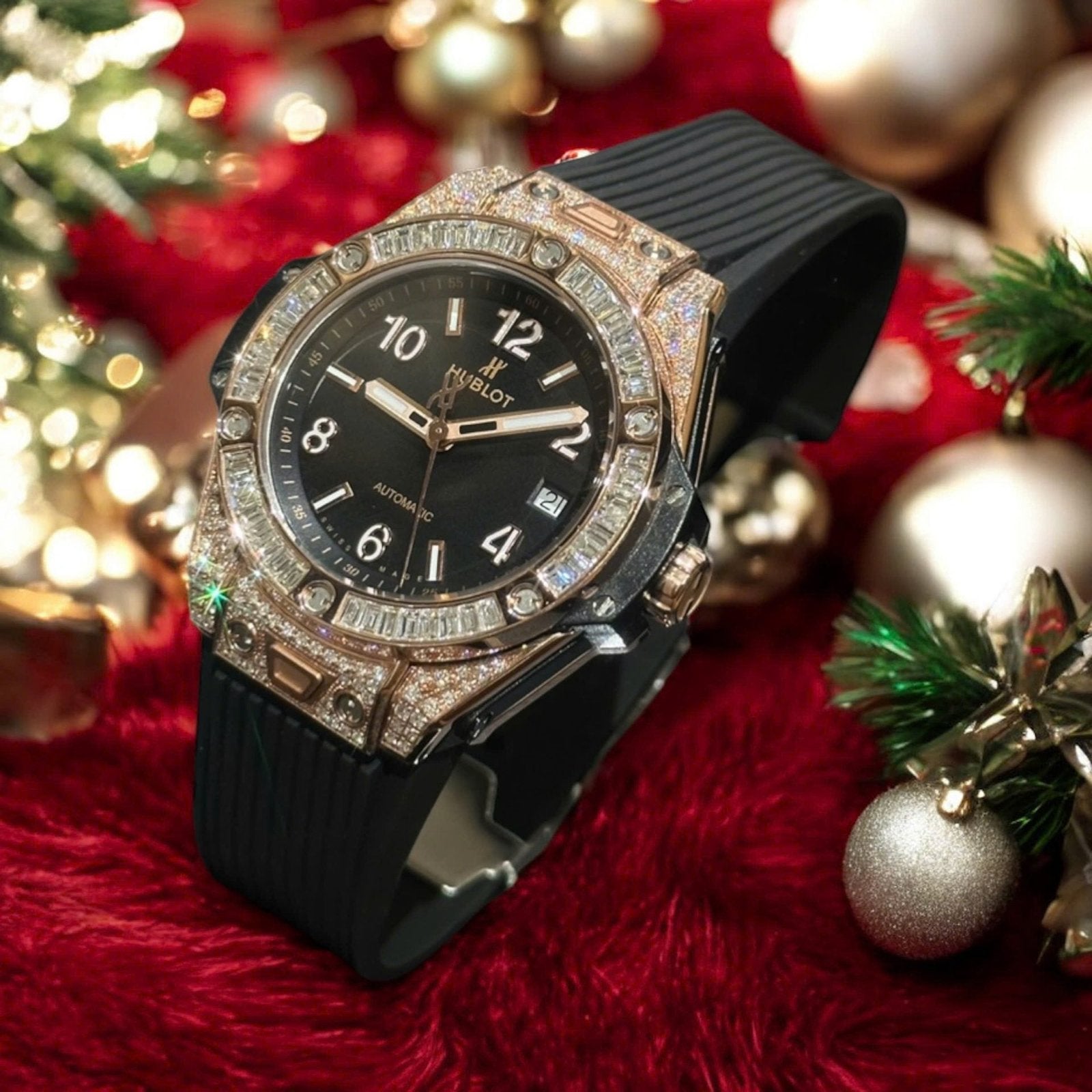 Hublot Big Bang One Click Black Dial Watch Gold Wrapped + Moissanite Diamonds Baguette 39mm