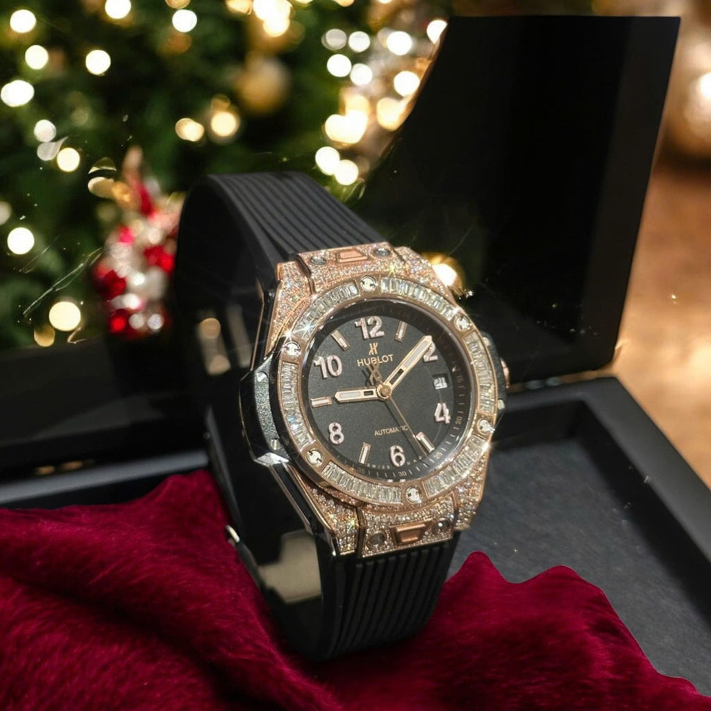 Hublot Big Bang One Click Black Dial Watch Gold Wrapped + Moissanite Diamonds Baguette 39mm