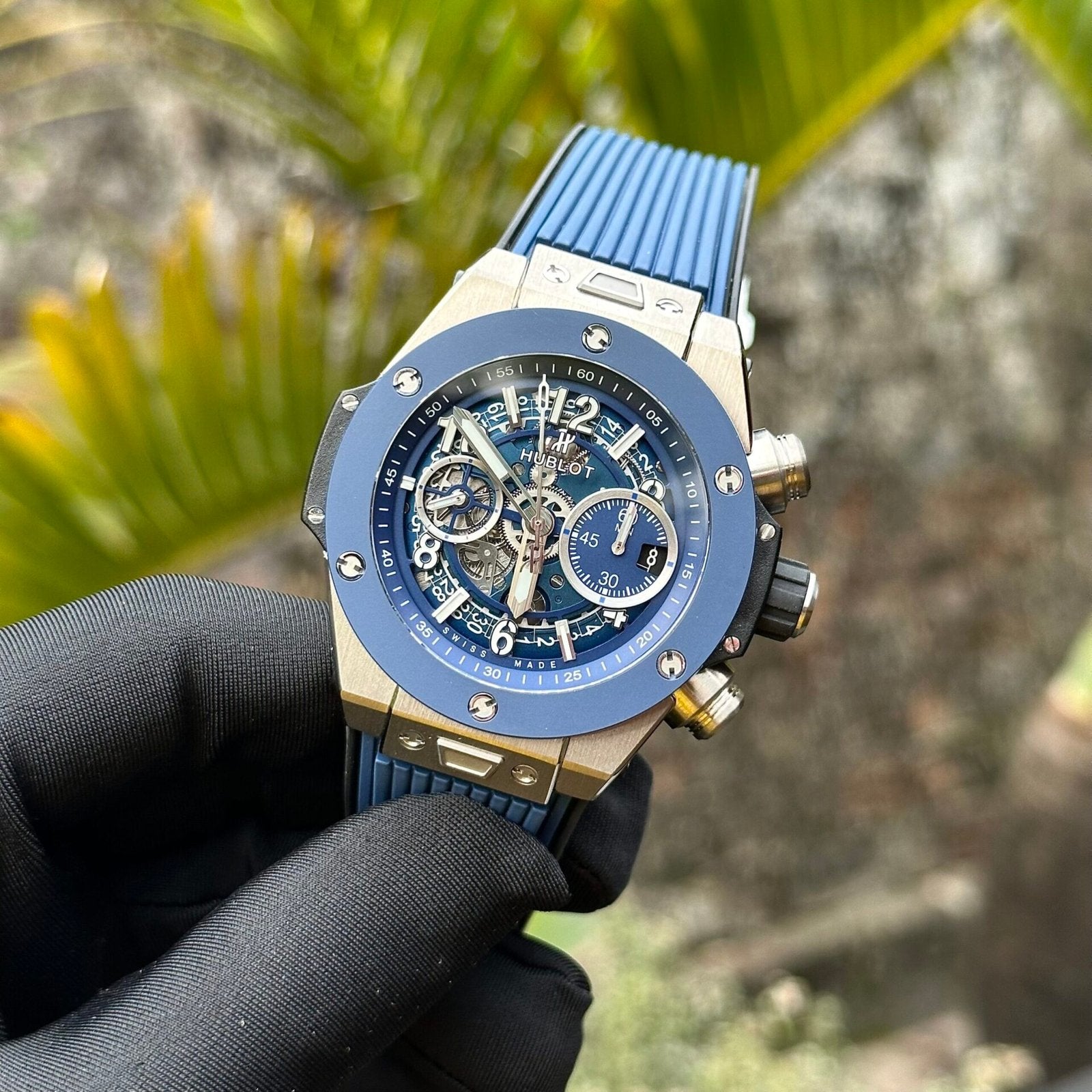 Hublot Watch Big Bang Unico Titanium Blue Dial Rubber Strap 44mm