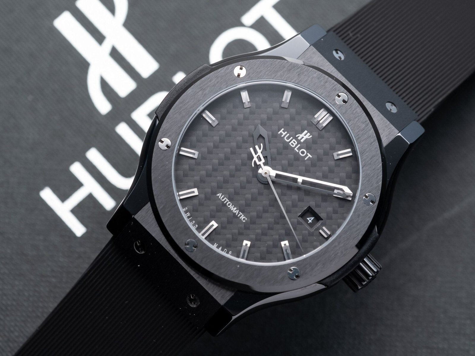 Hublot Classic Fusion Ceramic Carbon Dial Watch Rubber Strap 42mm