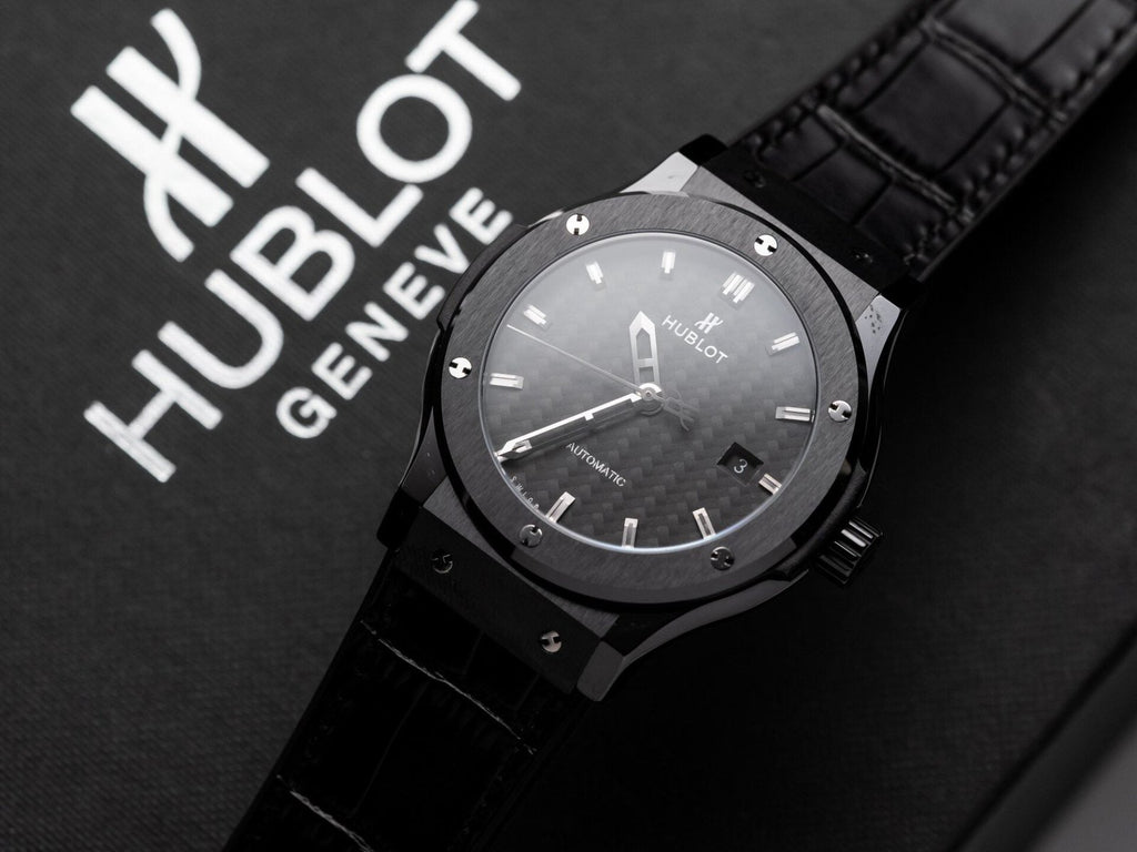 Hublot Classic Fusion Ceramic Carbon Dial Watch Leather Strap 42mm
