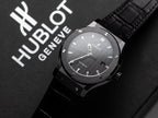 Hublot Classic Fusion Ceramic Carbon Dial Watch Leather Strap 42mm