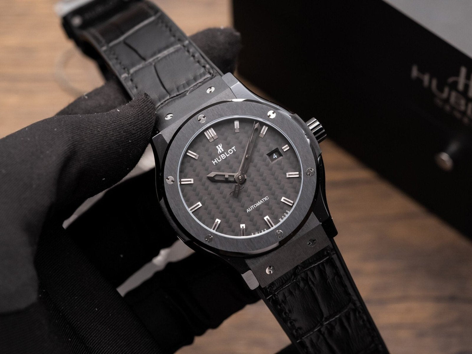 Hublot Classic Fusion Ceramic Carbon Dial Watch Leather Strap 42mm